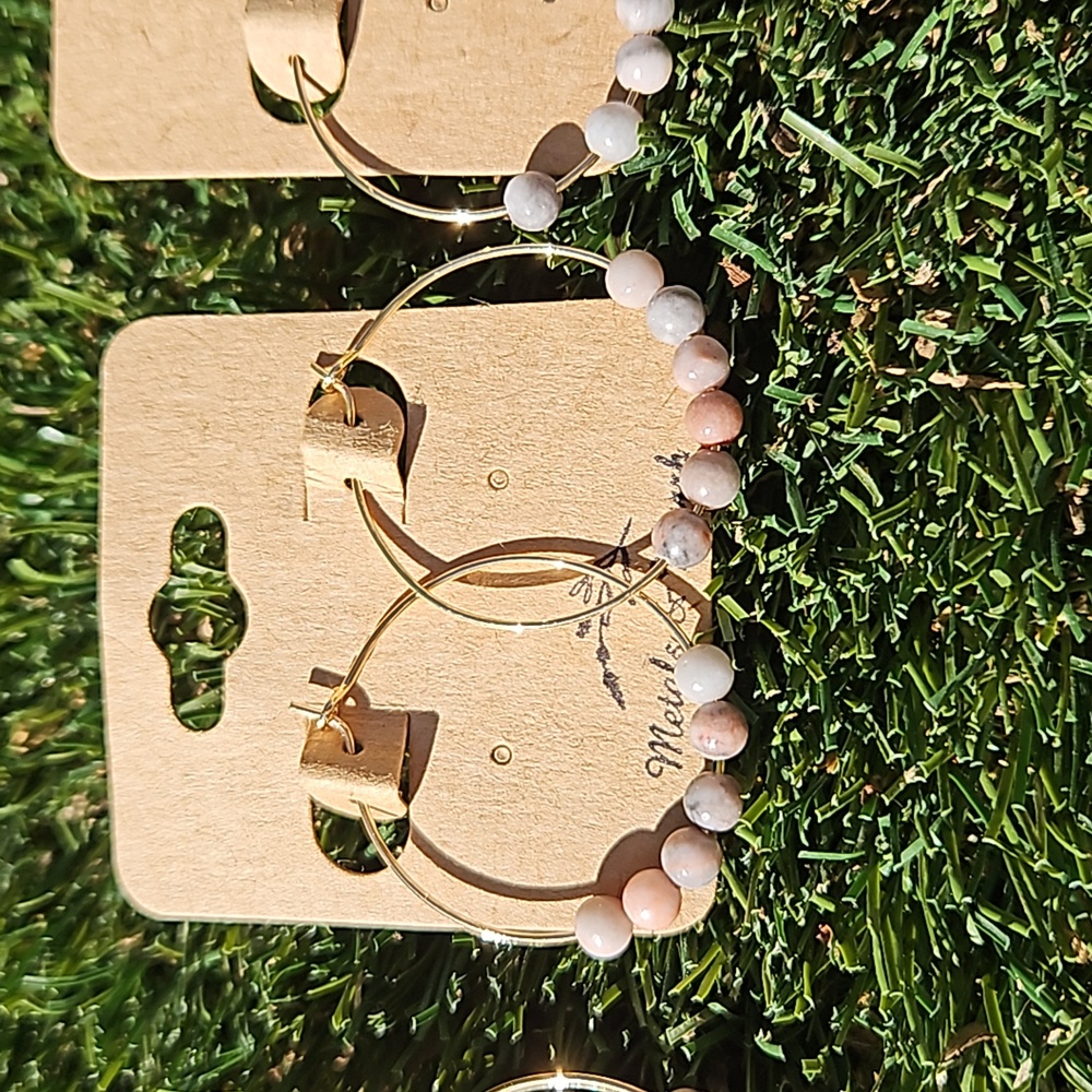 Semiprecious Jasper Stone gold plated hoops great for moms - Picture 4 of 4